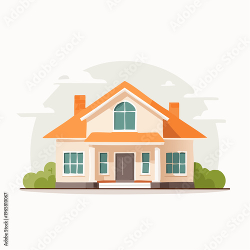 Vector illustration of a charming detached house with an attic, surrounded by lush greenery