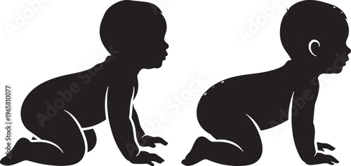 Baby crawling silhouette illustration set. Toddler infant in various stages of movement isolated on white background. Early childhood development, growth, parenting and pediatrics concept art