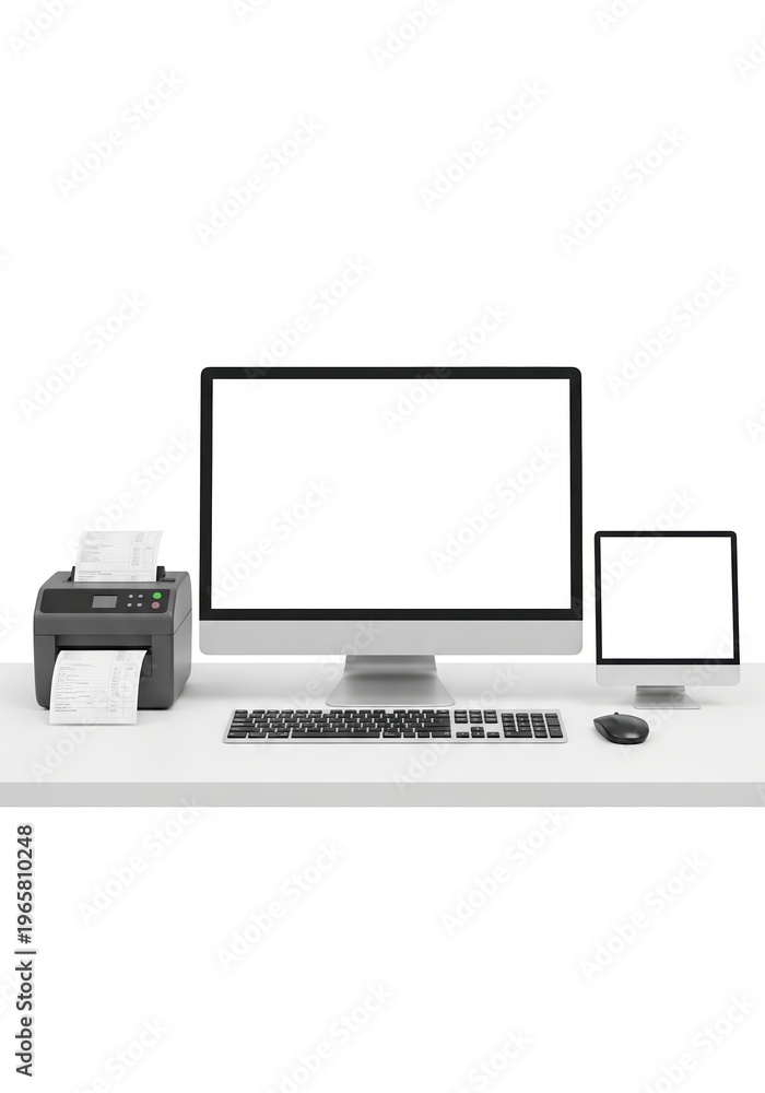 Fototapeta premium Modern Desktop Computer Setup with Printer and Tablet.