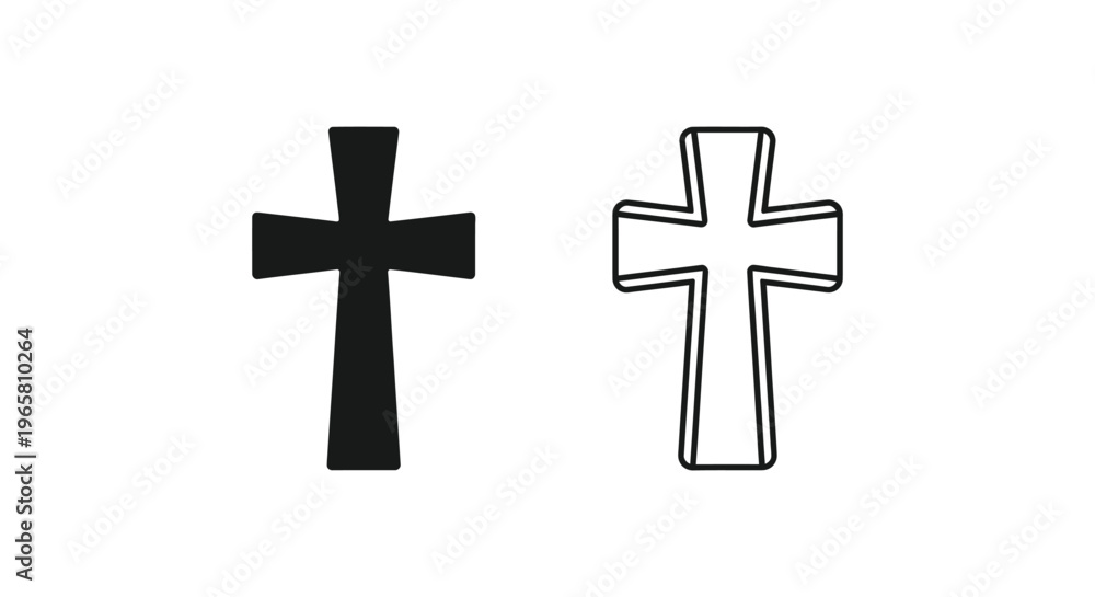 Obraz premium Christian cross vector icons, religious crucifix symbols in solid black and outline styles, spiritual faith emblems for church branding and funeral stationery