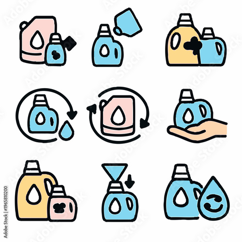 Laundry detergent bottles refill recycle icons set
