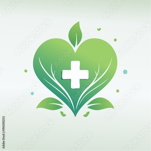 Concept of holistic well-being represented by a vibrant green heart formed from leaves, encompassing medical care