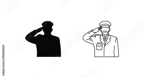 Military soldier saluting in uniform, black silhouette and line art vector icons, army officer or security guard character set for patriotic design