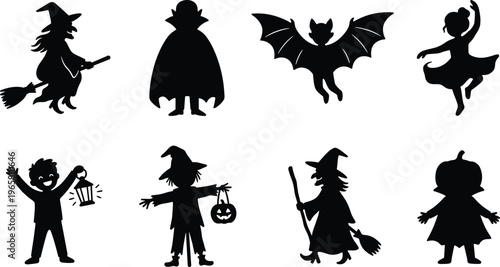 Halloween silhouette set witch vampire bat kids costume spooky characters vector black illustration trick or treat design collection