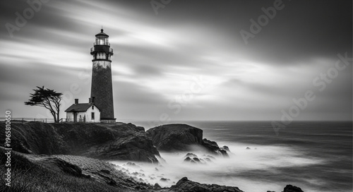 Lighthouse on rocky coastal shore.