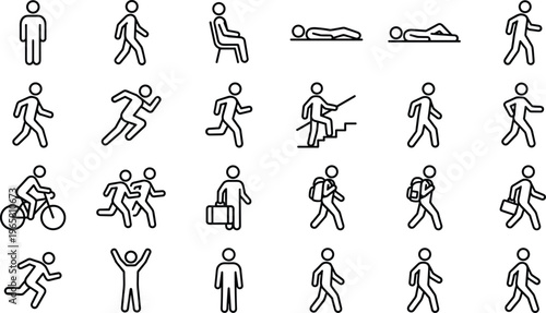 Fotografie Human activity line icon set vector people walking running sitting working cycli