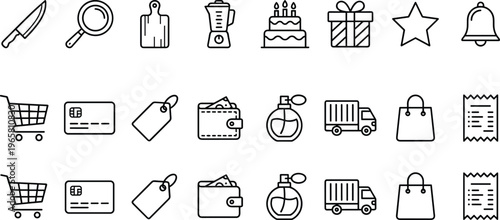 Shopping retail line icon set vector ecommerce cart payment wallet delivery gift kitchen outline collection business design illustration