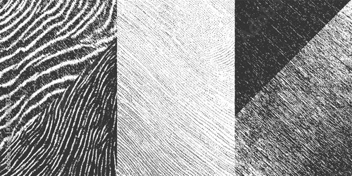 Three distinct monochrome textured abstract patterns with wavy lines dots and scratches