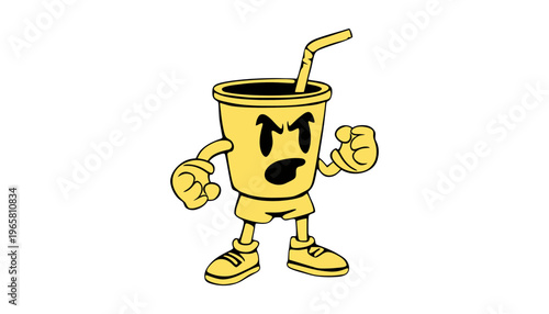 A cartoon cup character with a straw and a determined expression