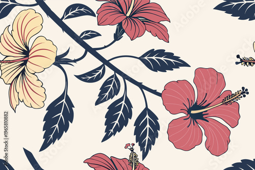 A vibrant seamless pattern featuring tropical hibiscus flowers in pink and yellow hues on beige