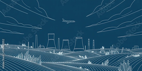 Illustration of a nuclear power plant on a hill with an airplane flying overhead at dusk or dawn