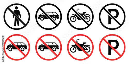 no parking road warning signs, no cars entry symbols, red circle prohibition icons, traffic restriction markers collection, road safety regulation concept, clean modern vector illustration design.