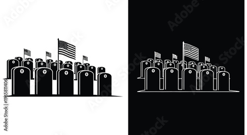 Military cemetery vector illustration with American flags and tombstones, patriotic memorial graveyard silhouettes, veteran burial ground icons