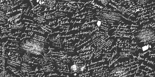 Dense chaotic white handwritten script overlay on dark gray textured background handwriting writing vintage