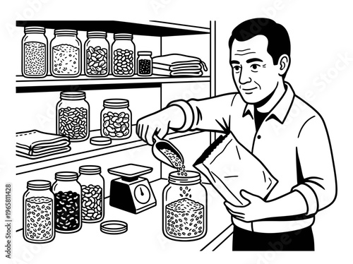 Man refilling pantry jars with dry goods in zero waste kitchen