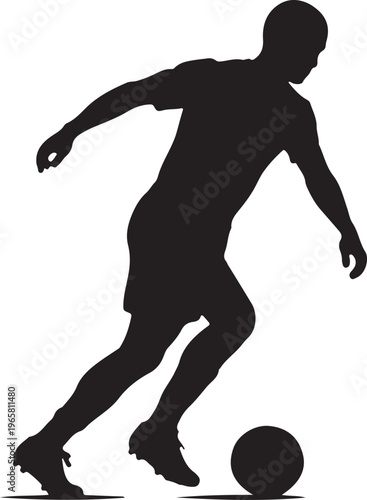 A black vector illustration of a fit male athlete in an action sprint, featuring a soccer football player silhouette kicking a ball during a high-energy sports competition exercise