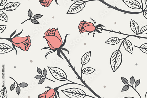 Seamless pattern featuring delicate hand drawn pink rose buds and leaves on a light cream background