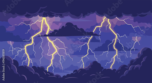 Stormy weather with lightning strikes over a body of water at dusk with dark clouds and purple sky.