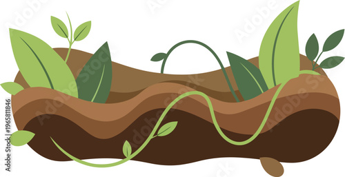 A cross-section of soil with various green plants and leaves sprouting from it.