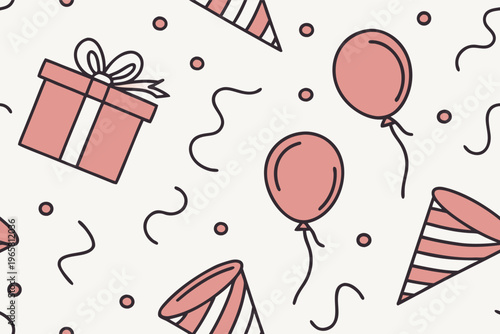 Obraz na płótnie A repeating pattern design featuring birthday gifts balloons and party hats on a