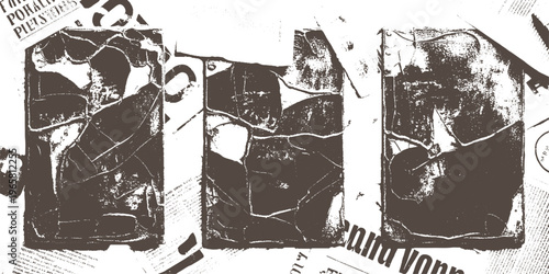 Three dark brown crumpled paper textures overlaying newspaper text in a contrast style white