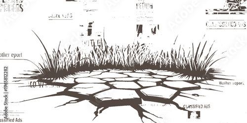 Cracked earth with dry grass and newspaper headlines in brown and white