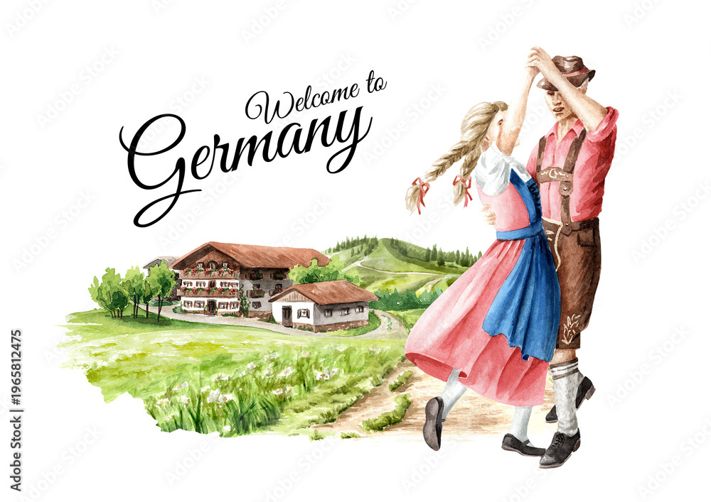 Fototapeta premium German folk dances. A couple of dancers in national costumes. Hand Painted watercolor illustration, isolated on white background