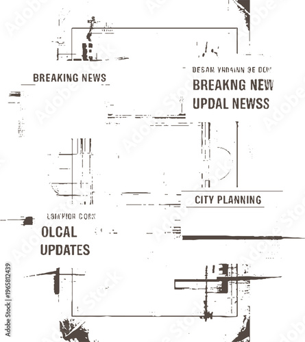 Distressed newspaper layout with breaking news city planning and local updates text