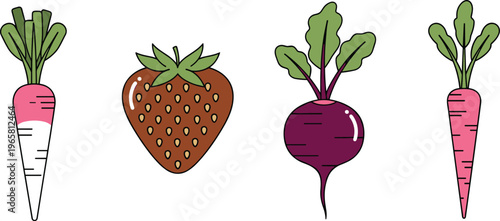 Fresh Vegetable and Fruit Vector Set with Carrots, Beetroot, and Strawberry in Hand Drawn Cartoon Style for Healthy Food Design and Organic Illustration