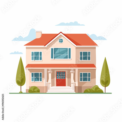 Charming suburban family house with a red roof and welcoming front porch illustration