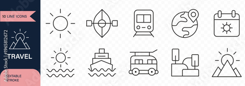 Travel icon outline set. Containing plane, tourism, passport, navigation, holiday, trip, camping, cruise and more. Vector line icons collection