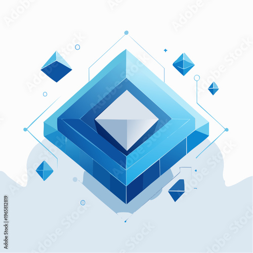 Abstract geometric crystal structure with glowing blue facets and particles