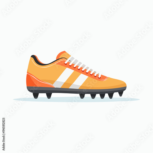 Bright orange athletic shoe with white stripes and cleats for playing soccer