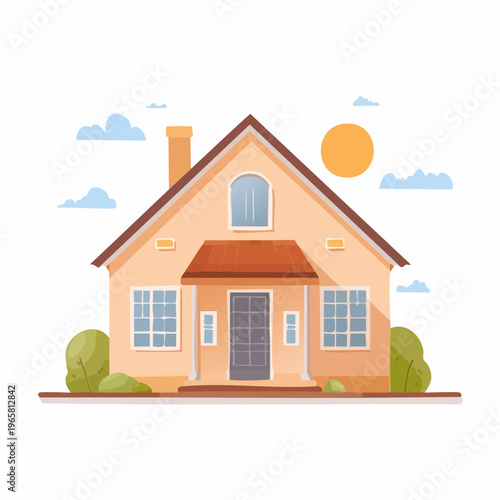 Charming suburban family home illustration with a cozy design, sun, and clouds, perfect for real estate or residential concepts