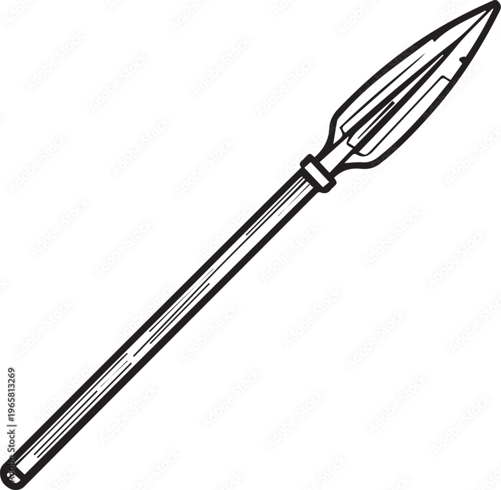 Naklejka premium A detailed illustration of a spear, a symbol of historical warfare and hunting, with its sharp point and long shaft, depicted in stark black and white, highlighting its simple design.