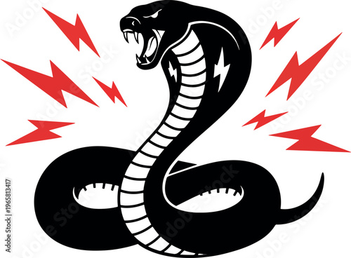 Bold Black Snake with Open Mouth and Red Lightning Bolts Illustration