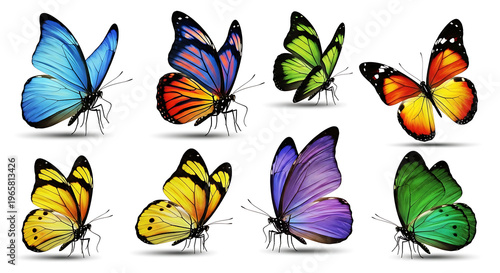 A vibrant collection of eight colorful butterflies displayed with detailed wings on transparent background