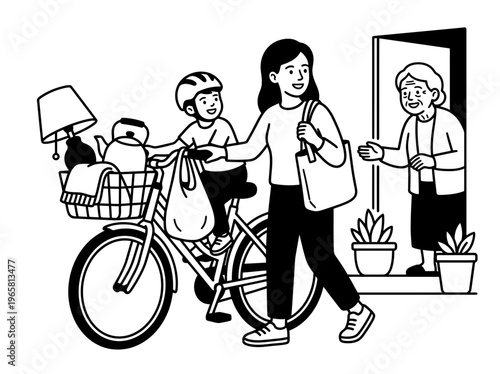 Community delivery mother and child riding bicycle to neighbor