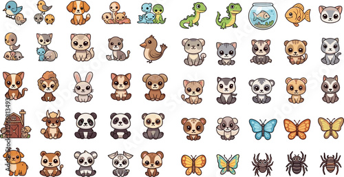 Set of 36 Cute Hand-Drawn Animals and Insects Illustrations, Including Pets, Birds, Fish, Butterflies, and More for Kids, Nursery, and Whimsical Designs
