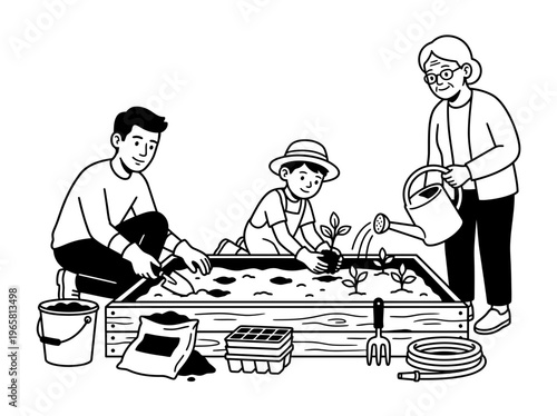 Community garden day with neighbors planting vegetables