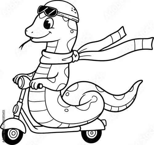Cute Cartoon Dinosaur Riding Scooter Wearing Helmet and Scarf in Playful Style