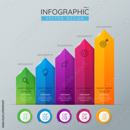 Business step timeline infographic arrow template. Modern milestone element timeline diagram calendar and 5 quarter topics. Vector template for presentation.