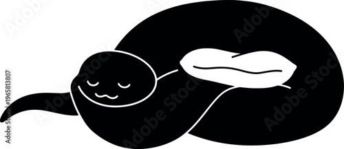 Simple Black and White Cat Illustration with Relaxed Expression and Cozy Bed