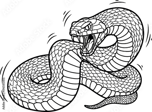Black and White Illustration of a Snarling Snake with Open Mouth and Curled Body