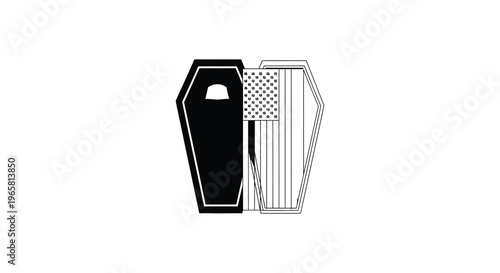 Patriotic coffin vector illustration with American flag, black and white funeral casket icon, military burial and memorial service concept