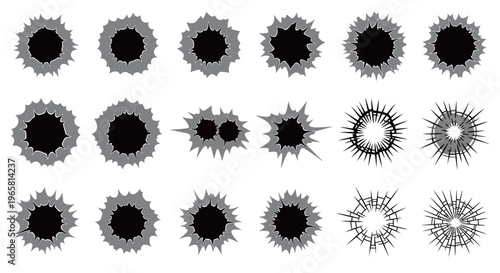 Bullet Hole and Cracked Glass Vector Set Penetrating White Background for Game Design and Crime Scene Graphics