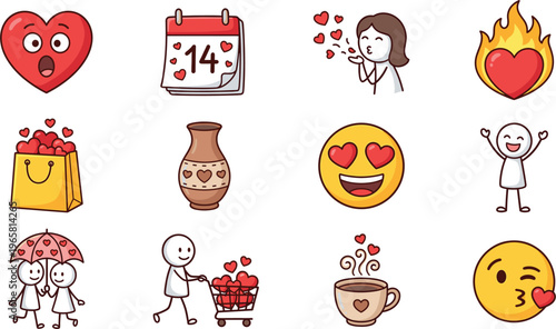 Valentine's Day and Love Icons Set Featuring Hearts, Gifts, Emoticons, Couples, and Romantic Elements for Celebration