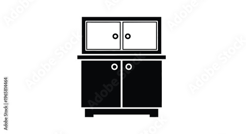 Simple black and white illustration of a kitchen cabinet with doors