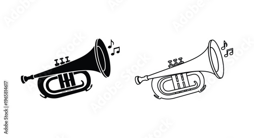 Vintage trumpet vector icons, black silhouette and line art brass musical instruments, classical jazz trumpet with music notes for concert posters