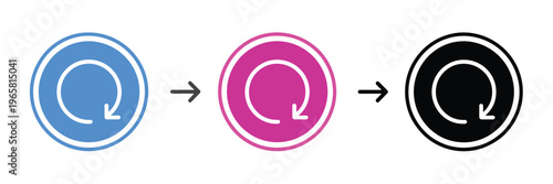 sequence of refresh icons with plus symbol inside, blue red and black color variations, update and add concept symbols, reload cycle arrows collection, modern clean vector illustration design.